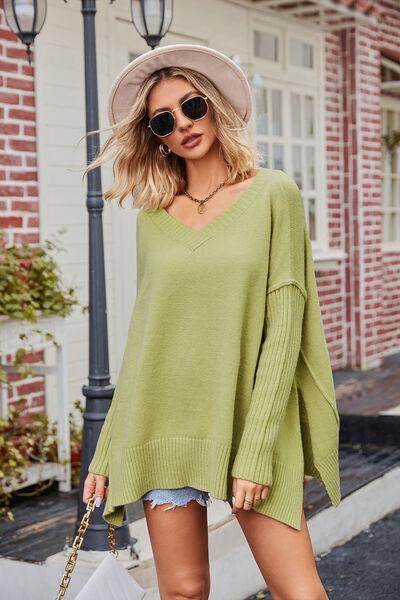 Slit V-Neck Dropped Shoulder Sweater for Effortless Style - Selvanelle