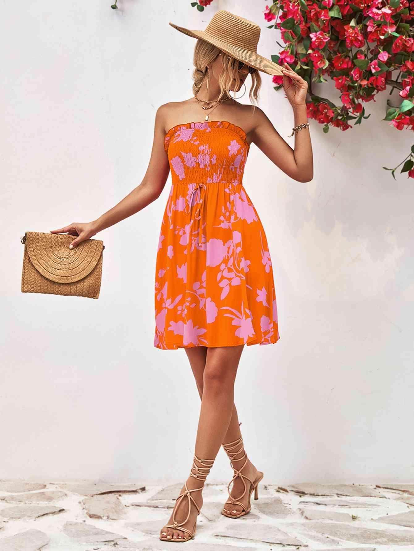 Floral Frill Trim Strapless Smocked Dress for Women - Selvanelle