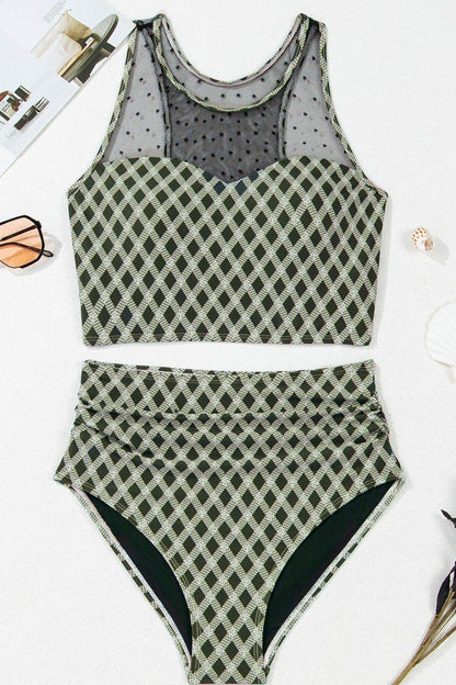 Dotted Mesh Plaid Patchwork High Waisted Swim Set - Selvanelle