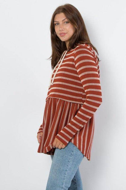 Be Stage Full Size Drawstring Striped Babydoll Hoodie Chic - Selvanelle
