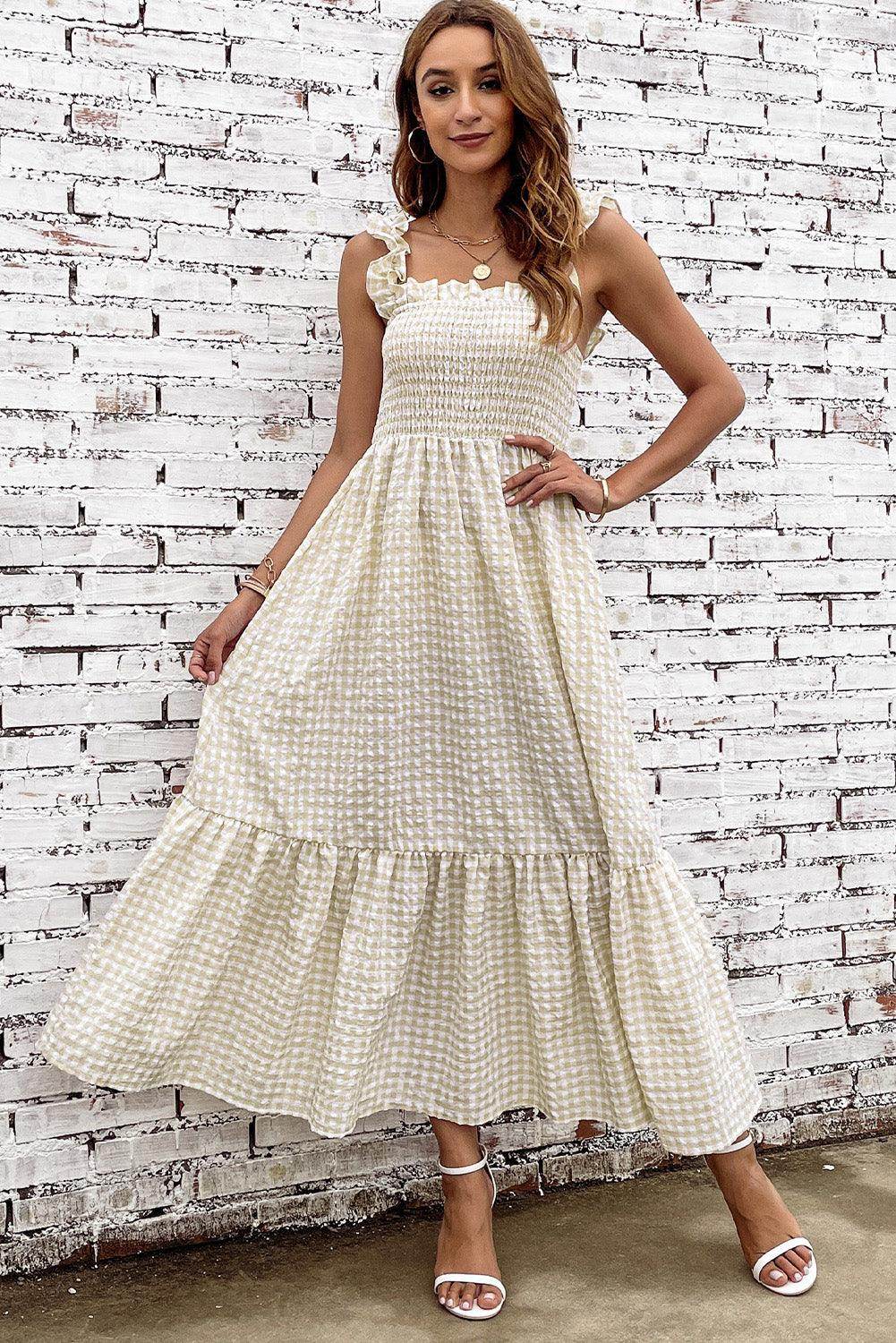 Plaid Ruffle Strap Square Neck Dress for Casual Style - Selvanelle