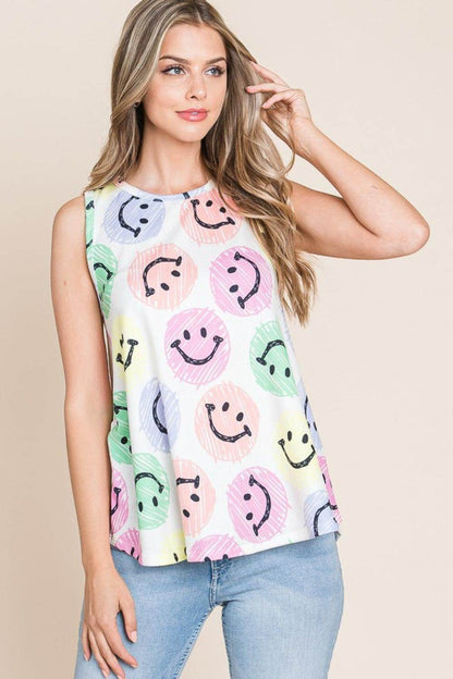BOMBOM Smiley Face Round Neck Tank for Casual Style - Selvanelle