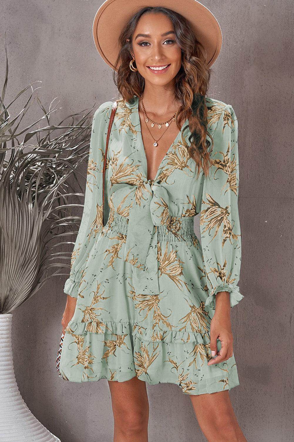 Floral Deep V Flounce Sleeve Mini Dress for Casual Chic - Selvanelle