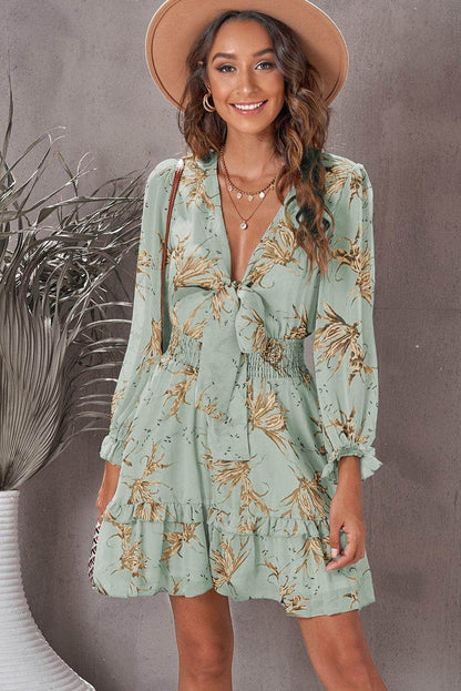 Floral Deep V Flounce Sleeve Mini Dress for Casual Chic - Selvanelle