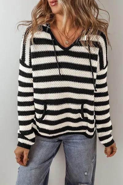 Drawstring Striped Long Sleeve Hooded Sweater for Women - Selvanelle