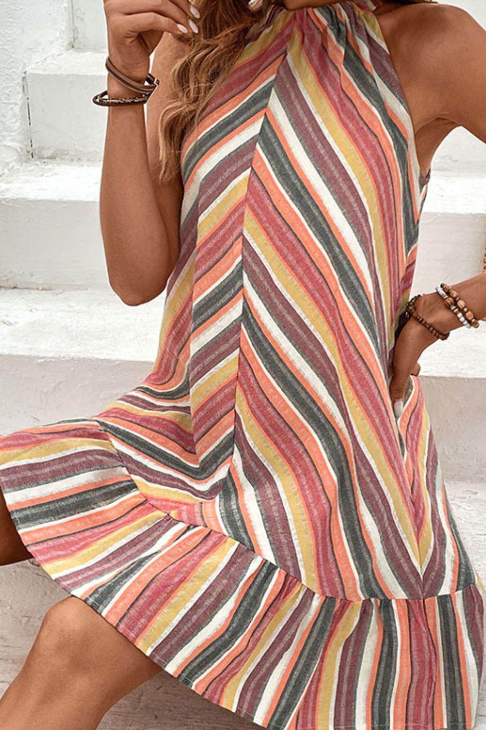 Perfee Striped Round Neck Sleeveless Mini Dress for Women - Selvanelle