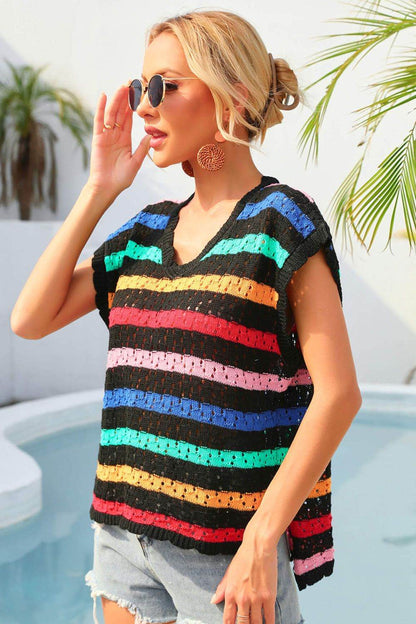 Angel Wings Striped V-Neck Slit Cover Up - Selvanelle