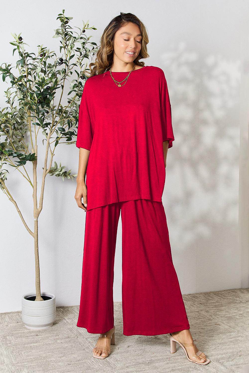 Double Take Full Size Round Neck Slit Top and Pants Set - Selvanelle