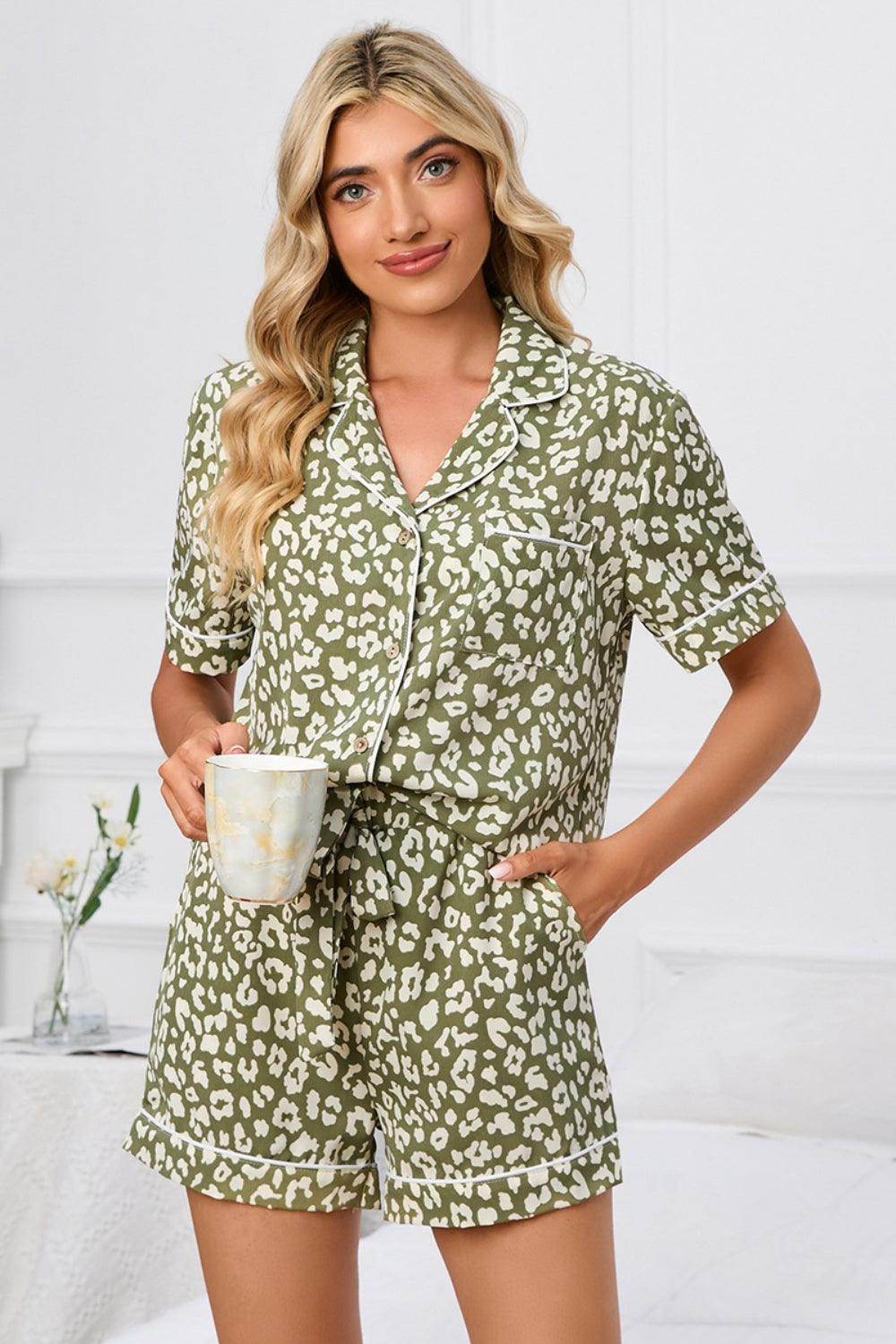Full Size Leopard Short Sleeve Top and Shorts Lounge Set Plus Size - Selvanelle