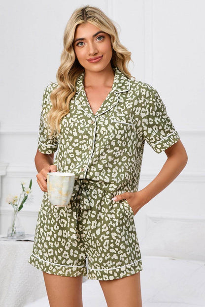 Full Size Leopard Short Sleeve Top and Shorts Lounge Set Plus Size - Selvanelle