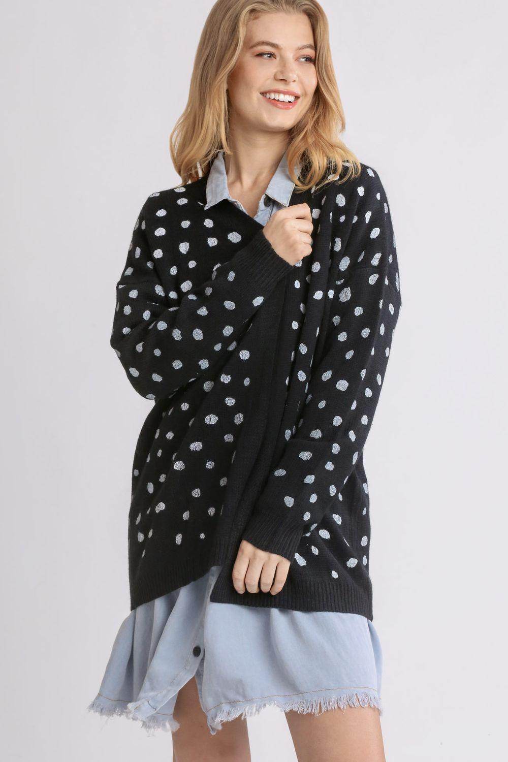 Umgee Polka Dot Open Front Drop Shoulder Cardigan for Women - Selvanelle
