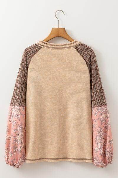 Plaid Floral Patchwork Round Neck Long Sleeve Top for Women - Selvanelle