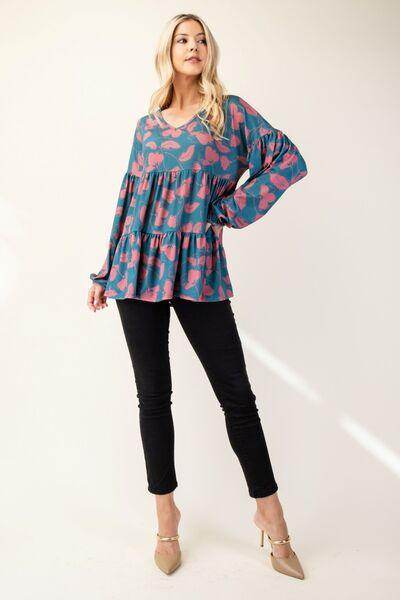 Celeste Full Size Tiered Floral V-Neck Long Sleeve Blouse - Selvanelle