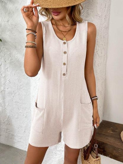 Pocketed Round Neck Sleeveless Romper - Selvanelle