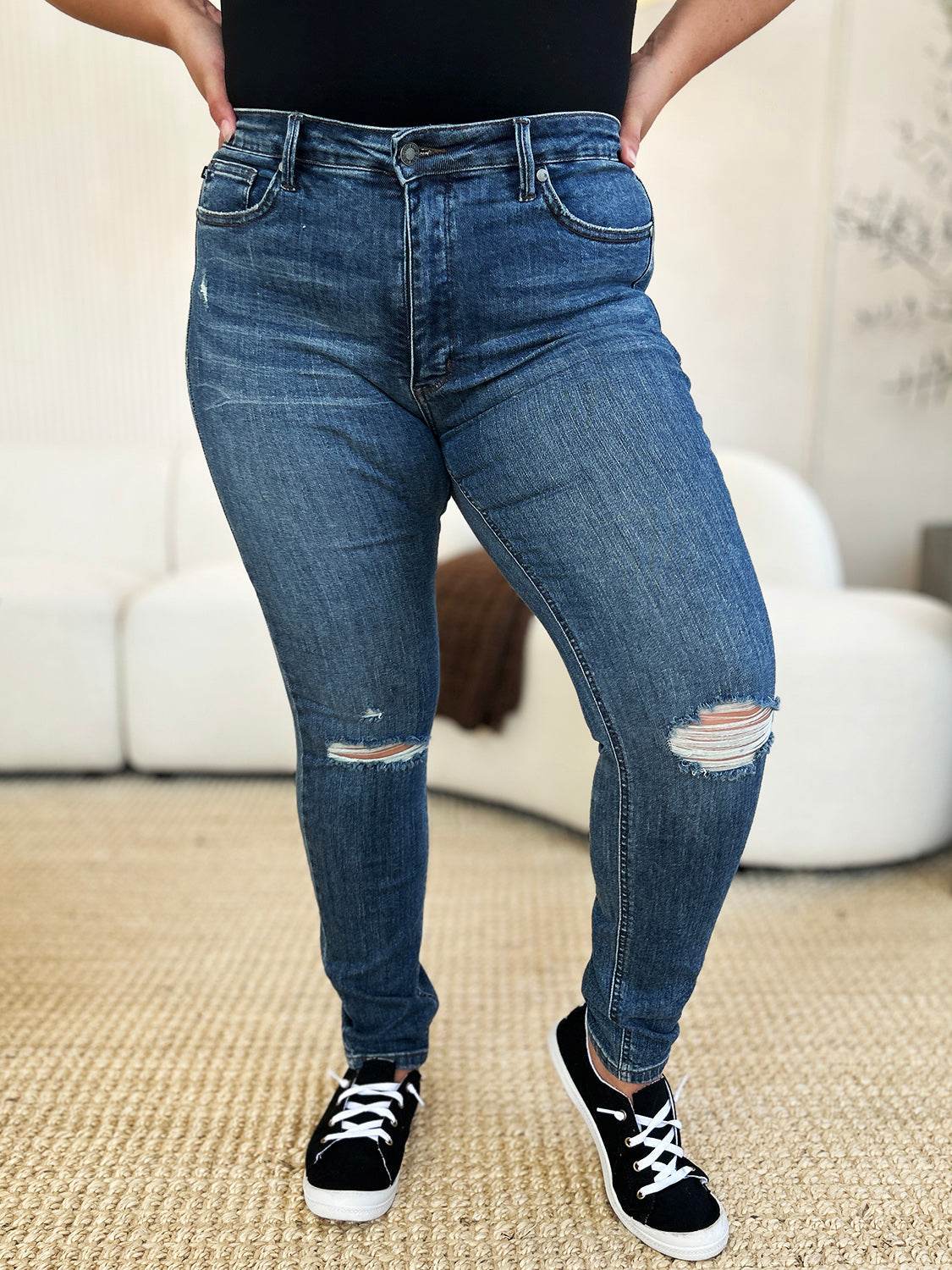 Judy Blue Full Size Mid Waist Distressed Slim Jeans For Women - Selvanelle