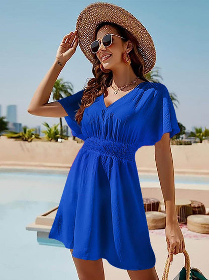 Smocked V-Neck Short Sleeve Dress for Effortless Style - Selvanelle