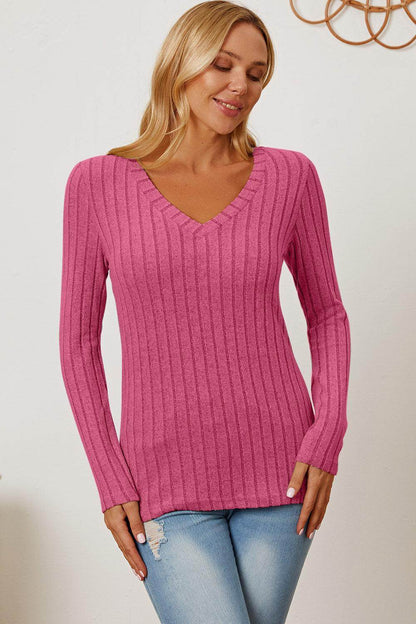 Basic Bae Full Size Ribbed V-Neck Long Sleeve T-Shirt - Selvanelle