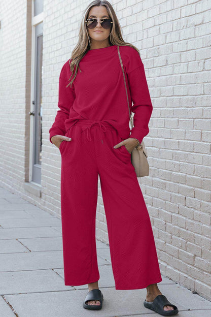 Double Take Full Size Textured Long Sleeve Top and Drawstring Pants Set for Women - Selvanelle