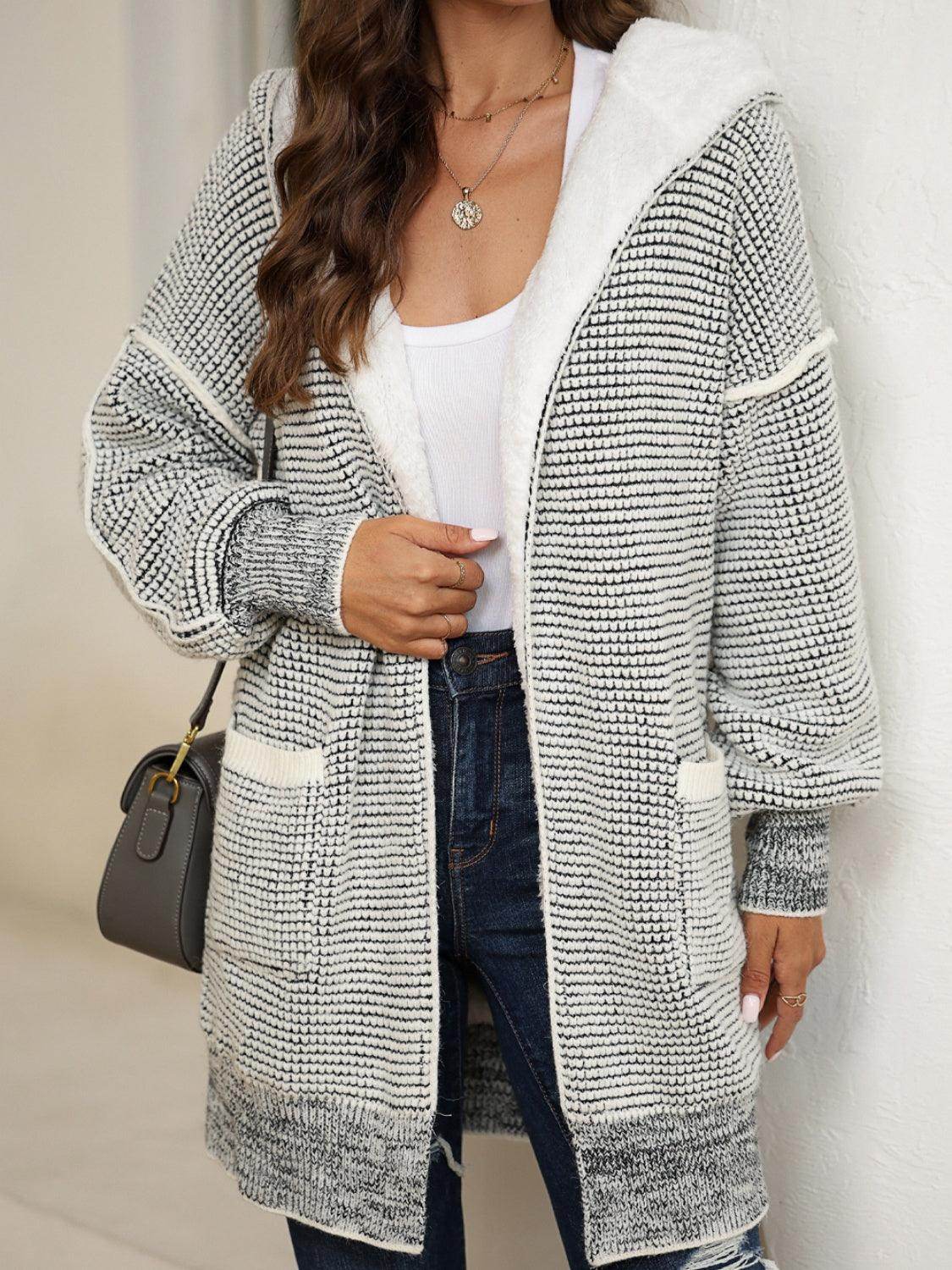 Open Front Hooded Winter Coat with Pockets for Women - Selvanelle