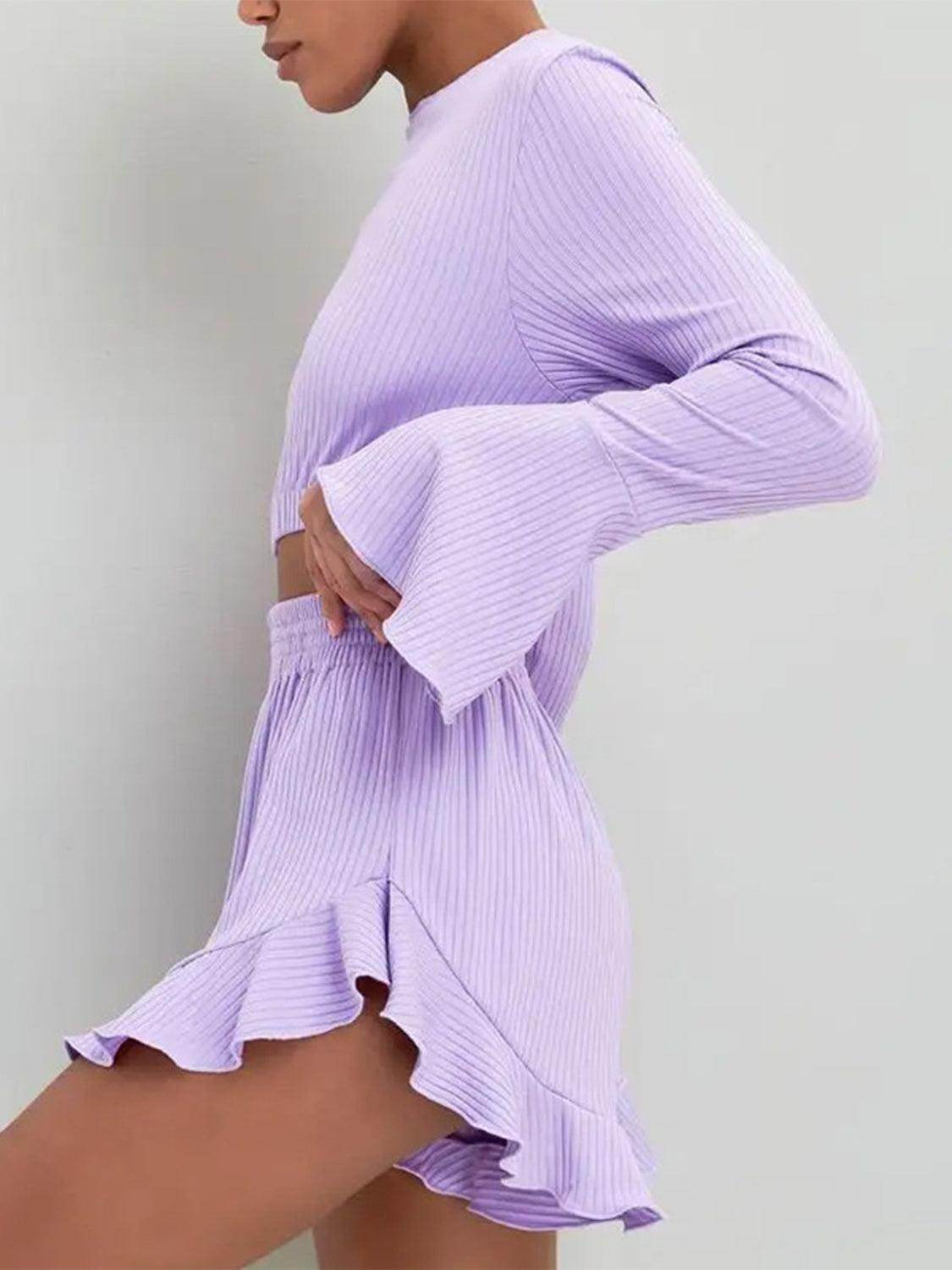 Round Neck Long Sleeve Top and Ruffled Shorts Set for Women - Selvanelle