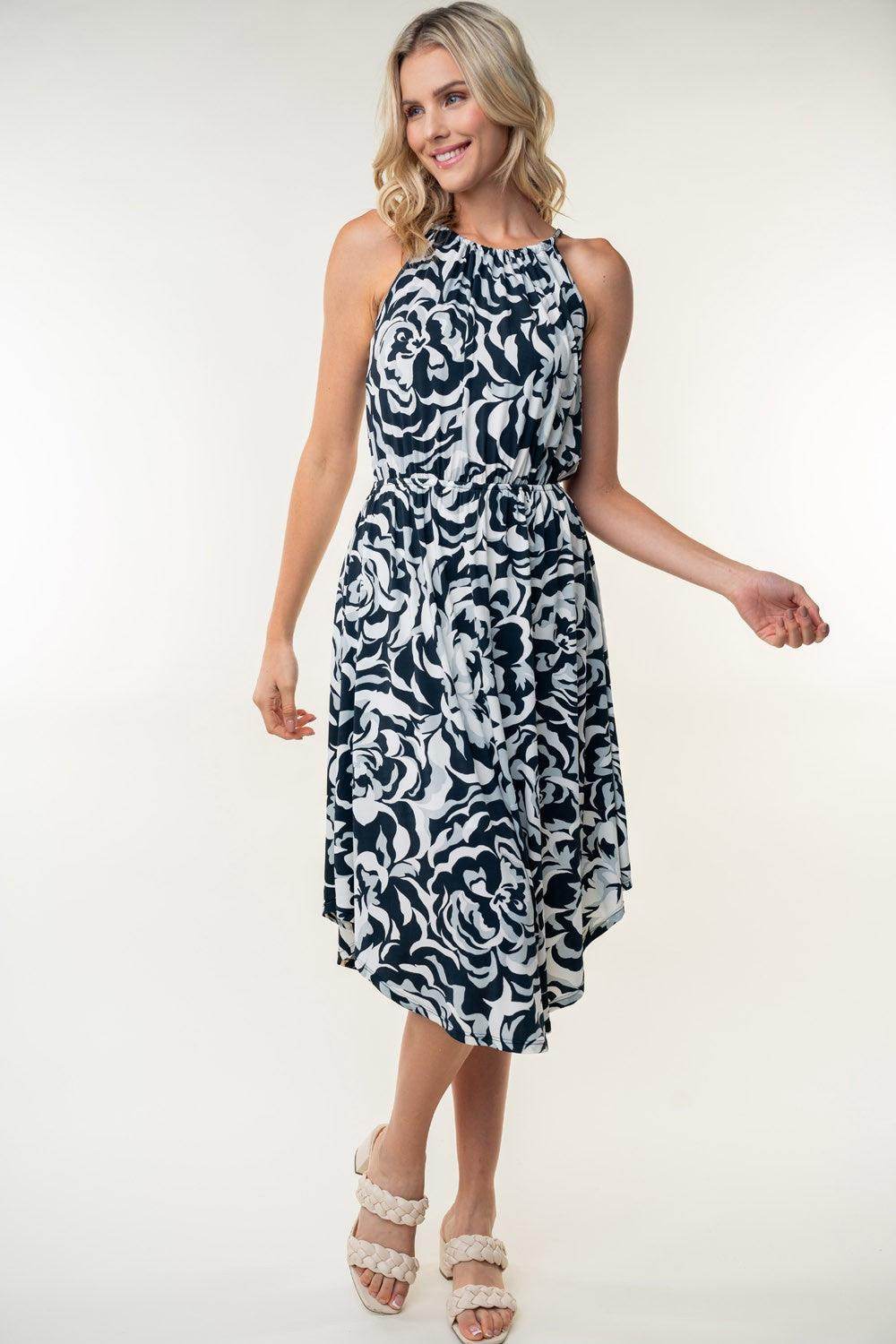 White Birch Tied Ruched Floral Sleeveless Knee Length Dress - Selvanelle