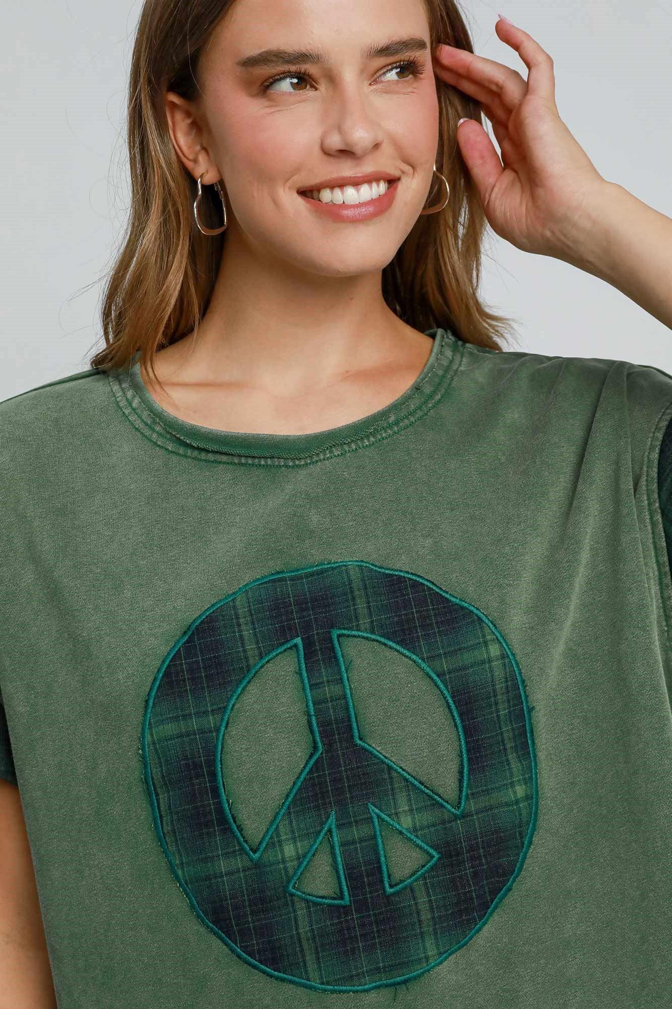 Umgee Peace Applique Round Neck French Terry Top for Women