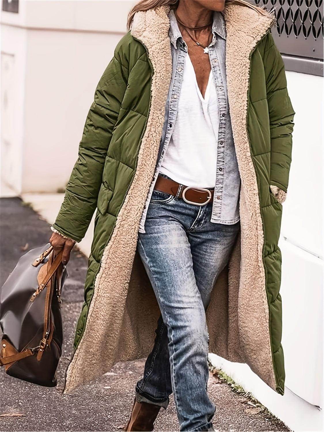 Full Size Zip Up Sherpa Hooded Coat for Women and Plus Size - Selvanelle