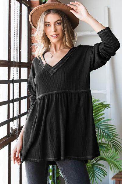 Heimish Full Size V-Neck Long Sleeve Ribbed Babydoll Top - Selvanelle