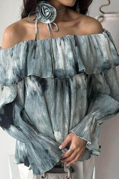 Printed Ruffled Off-Shoulder Blouse with Flower Neck Tie - Selvanelle