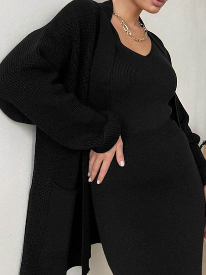 Pocketed Long Sleeve Cardigan and Skirt Sweater Set - Selvanelle
