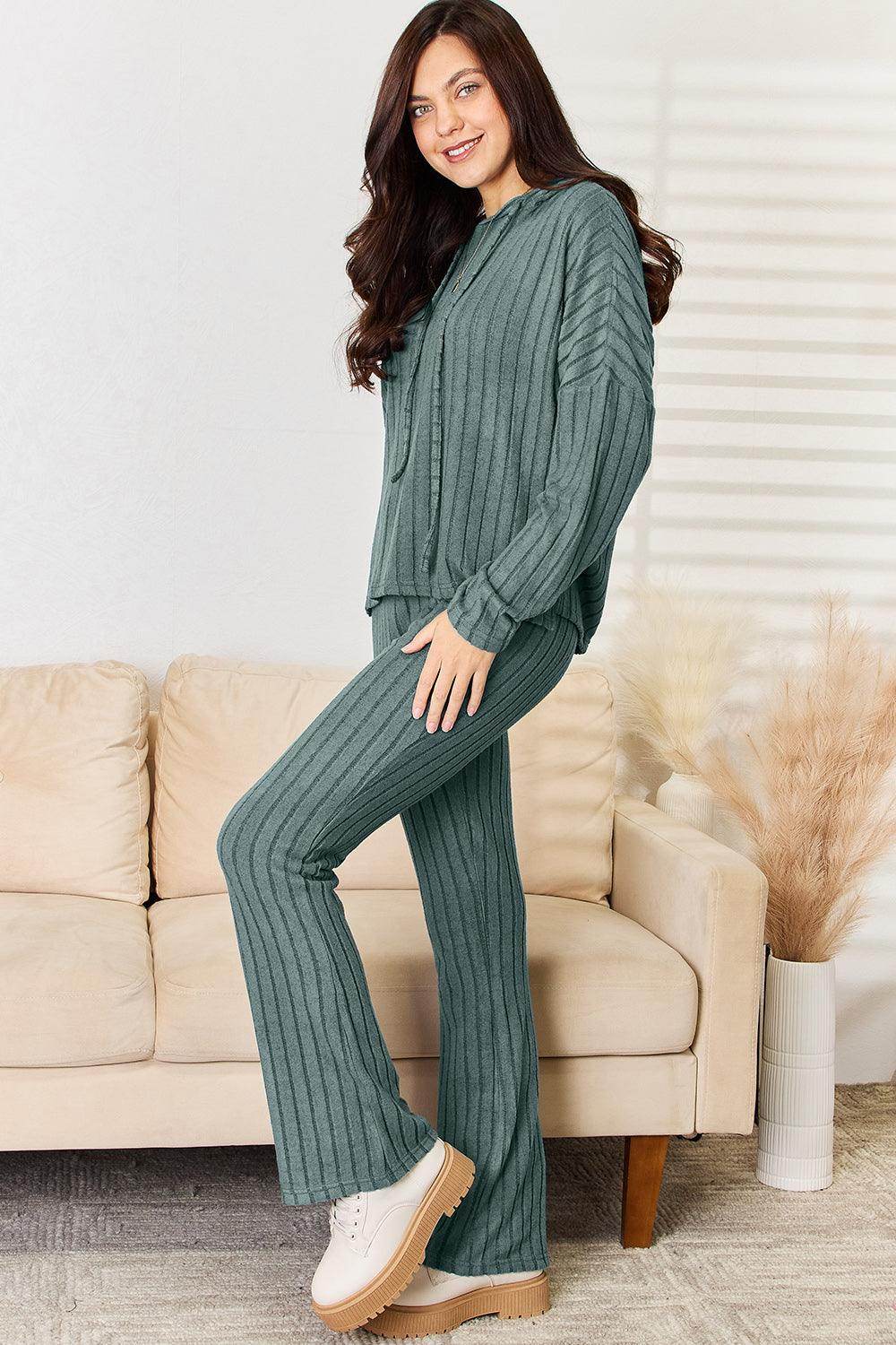 Basic Bae Full Size Ribbed Drawstring Hooded Top Set - Selvanelle