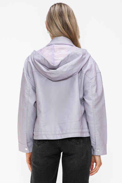 How Dare U Drawstring Hem PU Leather Zip Up Jacket Women - Selvanelle