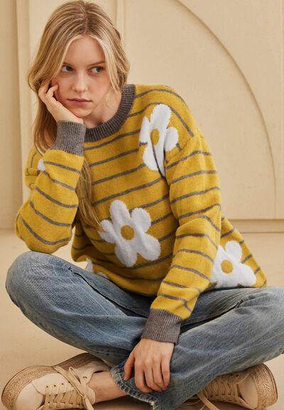 Flower Stripe Round Neck Long Sleeve Sweater for Women - Selvanelle
