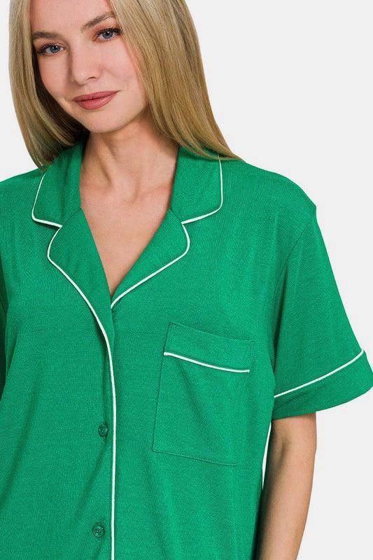 Zenana Button Down Short Sleeve Top and Shorts Lounge Set - Selvanelle