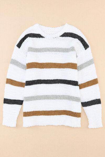 Striped Round Neck Dropped Shoulder Sweater for Women - Selvanelle