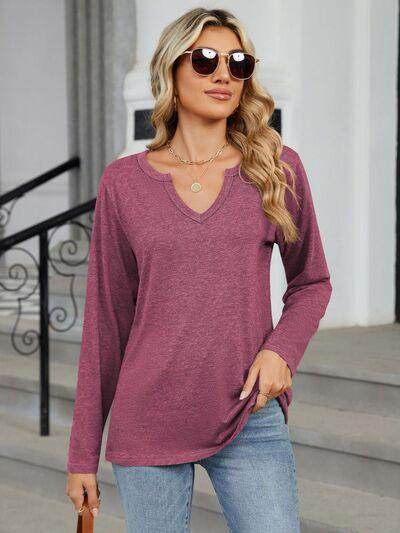 Notched Long Sleeve T-Shirt for Women in Various Sizes - Selvanelle