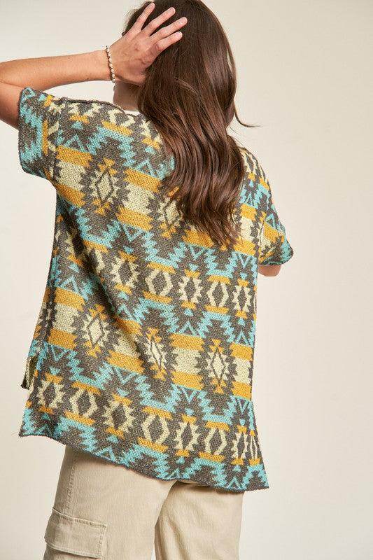 Davi & Dani High-Low Geometric Round Neck Knit Top Stylish - Selvanelle