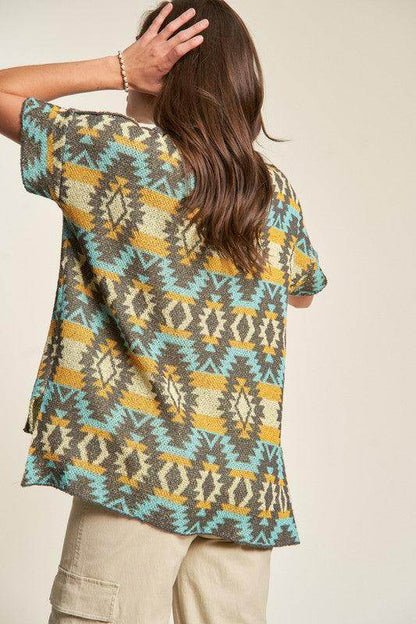 Davi & Dani High-Low Geometric Round Neck Knit Top Stylish - Selvanelle