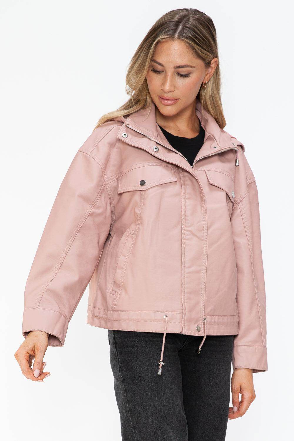 How Dare U Drawstring Hem PU Leather Zip Up Jacket for Women - Selvanelle