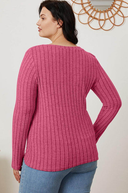 Basic Bae Full Size Ribbed V-Neck Long Sleeve T-Shirt - Selvanelle