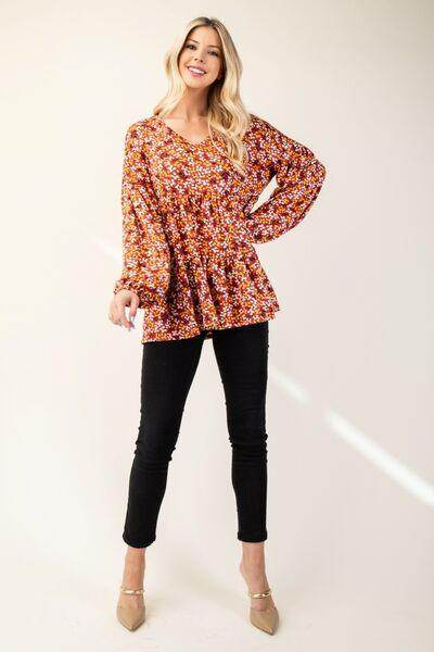 Celeste Full Size Floral V-Neck Balloon Sleeve Blouse Style - Selvanelle