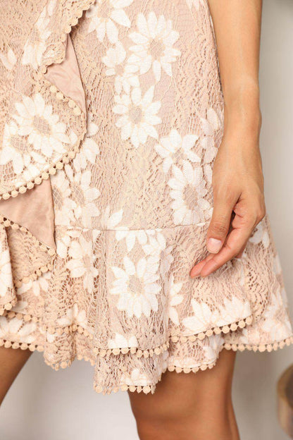 Double Take Floral Lace Pompom Tie-Waist Flutter Sleeve Dress - Selvanelle