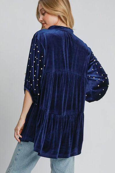 Umgee Pearl Detail Collared Neck Velvet Babydoll Blouse - Selvanelle
