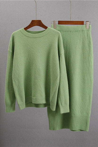 Round Neck Dropped Shoulder Top and Skirt Sweater Set - Selvanelle