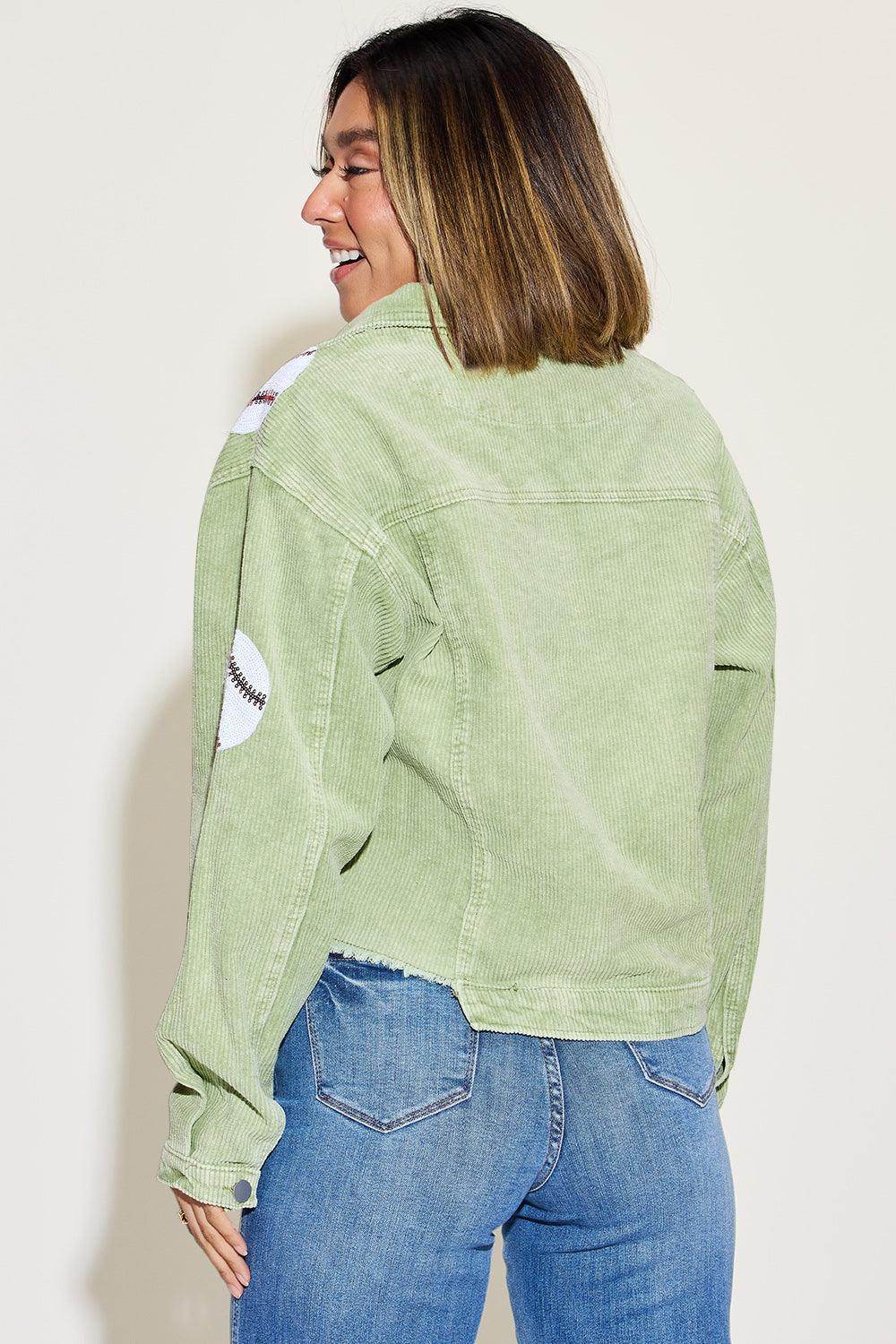 Baseball Sequin Dropped Shoulder Raw Hem Jacket for Women - Selvanelle