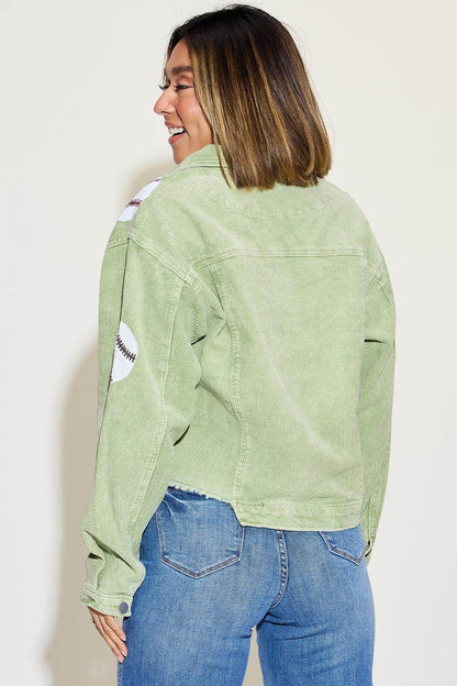 Baseball Sequin Dropped Shoulder Raw Hem Jacket for Women - Selvanelle