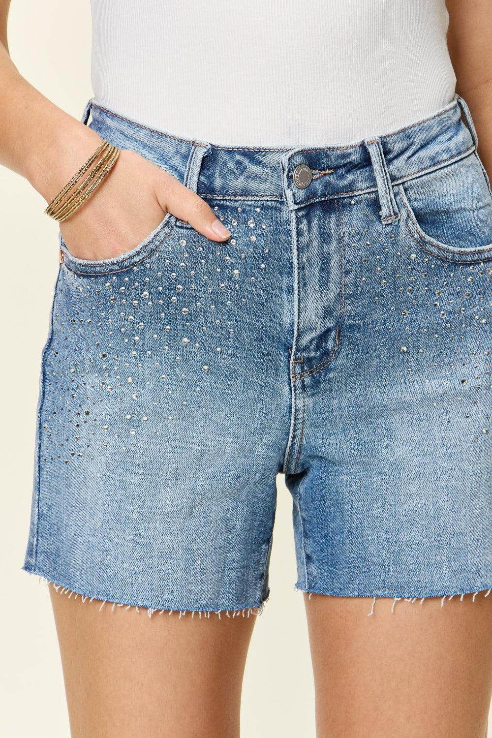 Judy Blue Full Size High Waist Rhinestone Denim Shorts - Selvanelle