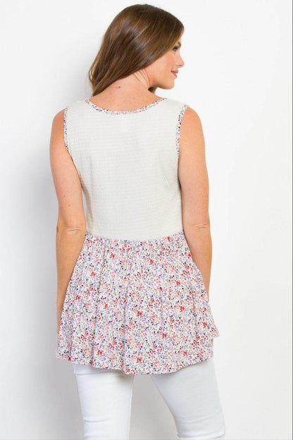 Be Stage Full Size Smocked Printed Peplum Sleeveless Top - Selvanelle