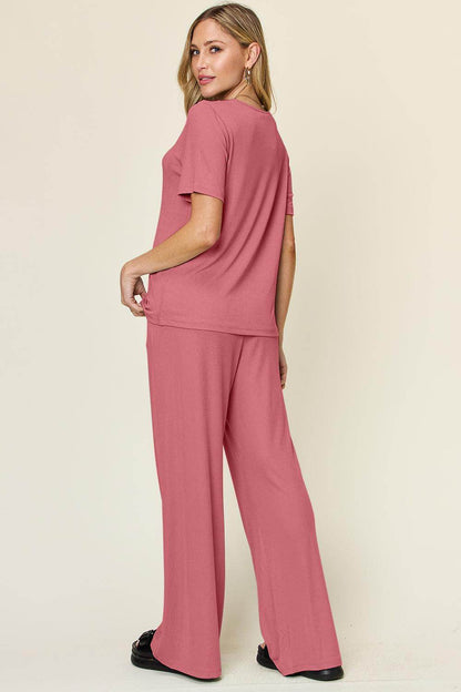 Double Take Full Size Round Neck Short Sleeve T-Shirt Set - Selvanelle