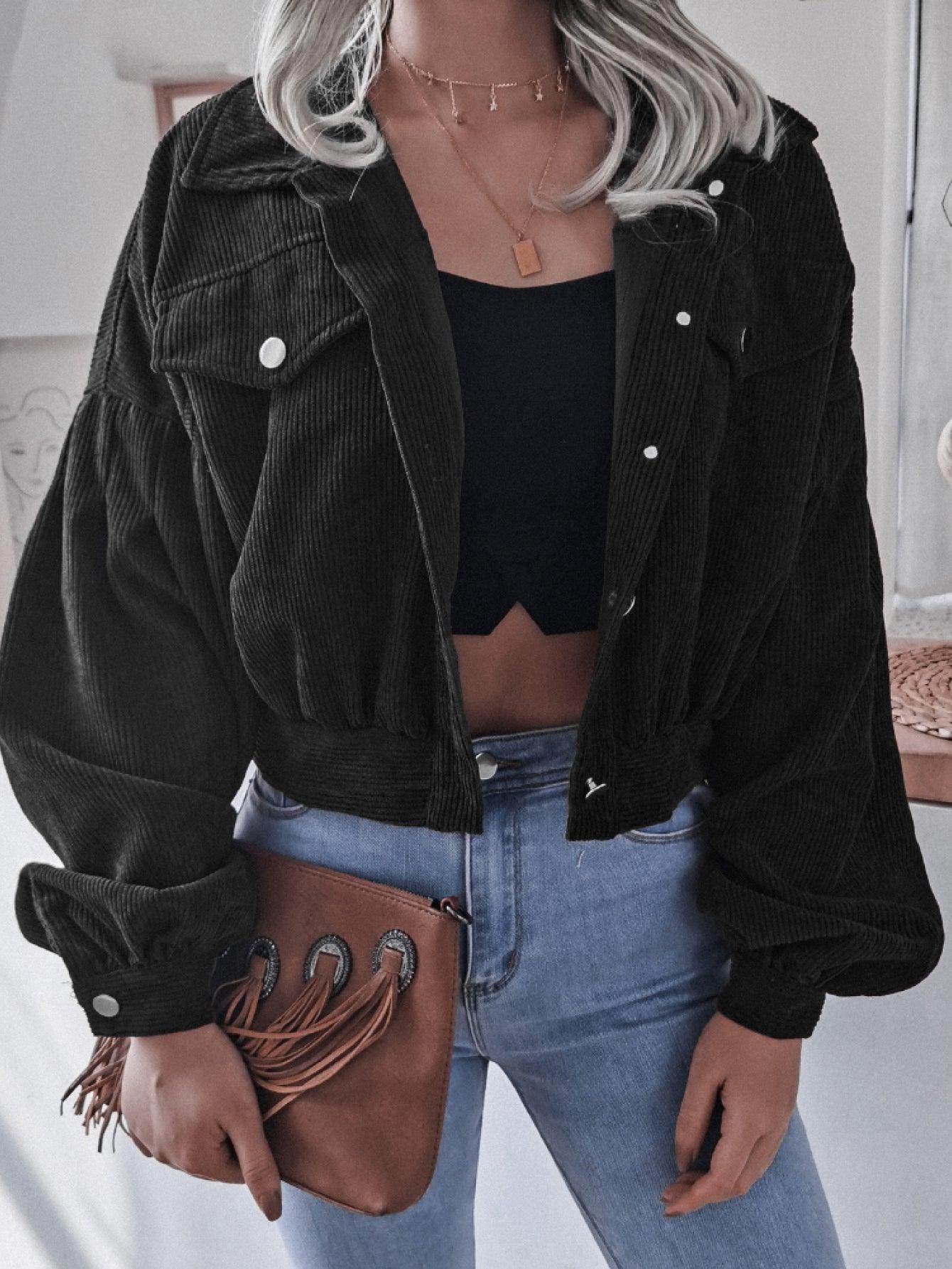 Lantern Sleeve Cropped Corduroy Jacket for Stylish Comfort - Selvanelle